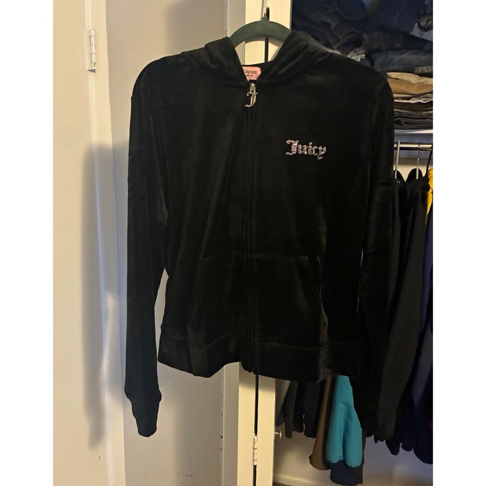 Juicy Couture Women’s Velour Full Zip Hoodie Black Rhinestone Logo Pockets L